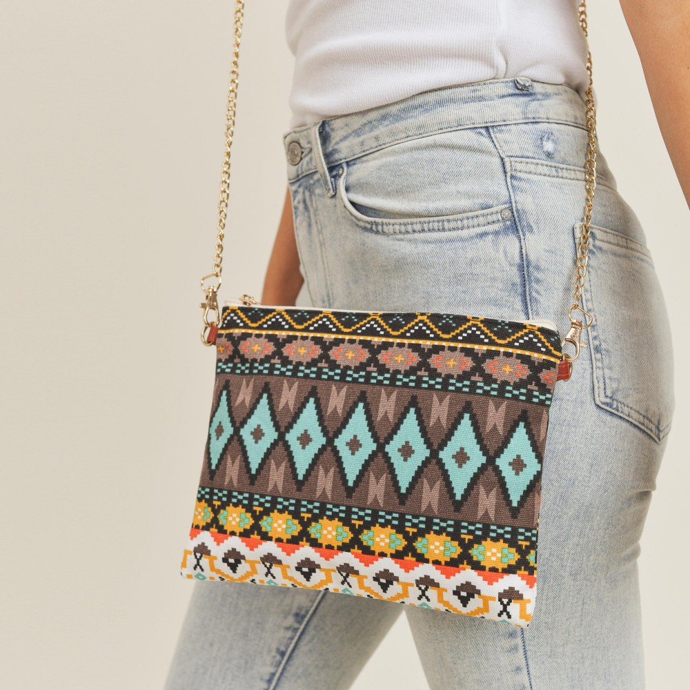 Multi Colored Aztek Print Canvas Cross Body Handbag - Zipper Closure - Lined - Two Internal Pockets - Adjustable Faux Leather and Chain Link Strap - Detachable Wristlet Strap - Approximately 10" L x 8" W view 4
