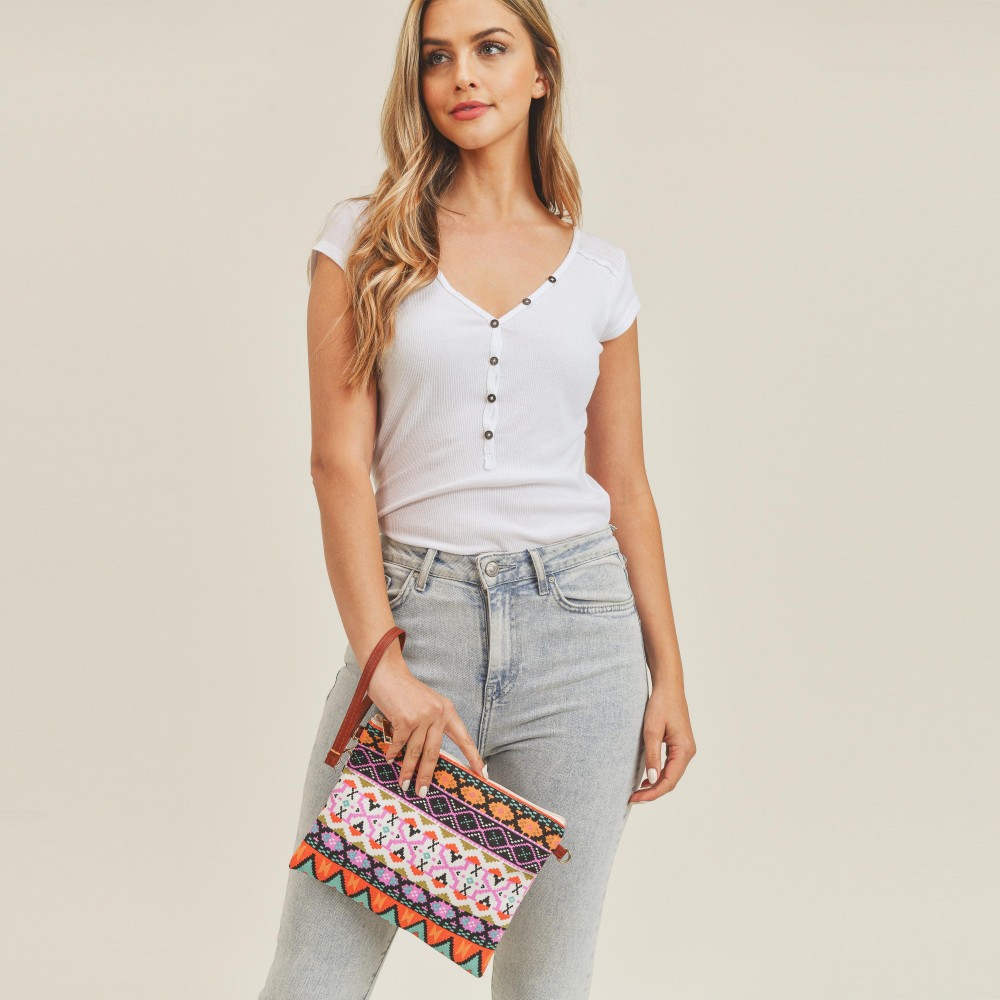 Multi Colored Aztek Print Canvas Cross Body Handbag - Zipper Closure - Lined - Two Internal Pockets - Adjustable Faux Leather and Chain Link Strap - Detachable Wristlet Strap - Approximately 10" L x 8" W view 4