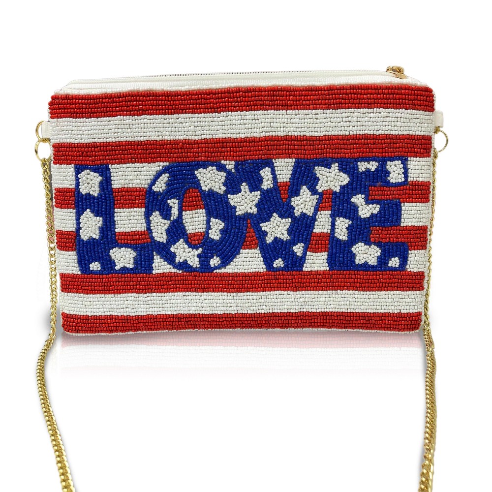 American Flag 'Love' Seed Bead Canvas Clutch With Chain Link Strap - Zipper Closure - Lined Inside - Spot Clean Only - Approximately 9.5" L x 6.5" H x .5" D - Strap Approximately 11" Drop view 2