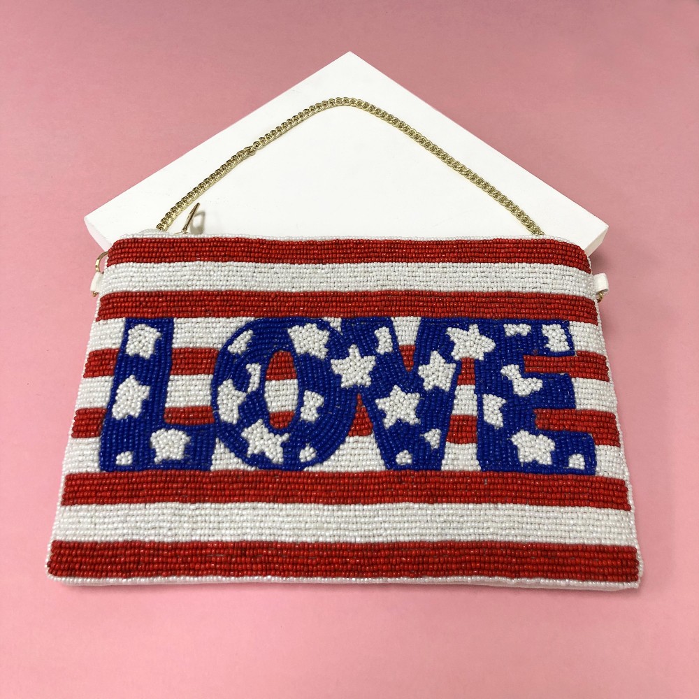 American Flag 'Love' Seed Bead Canvas Clutch With Chain Link Strap - Zipper Closure - Lined Inside - Spot Clean Only - Approximately 9.5" L x 6.5" H x .5" D - Strap Approximately 11" Drop view 4