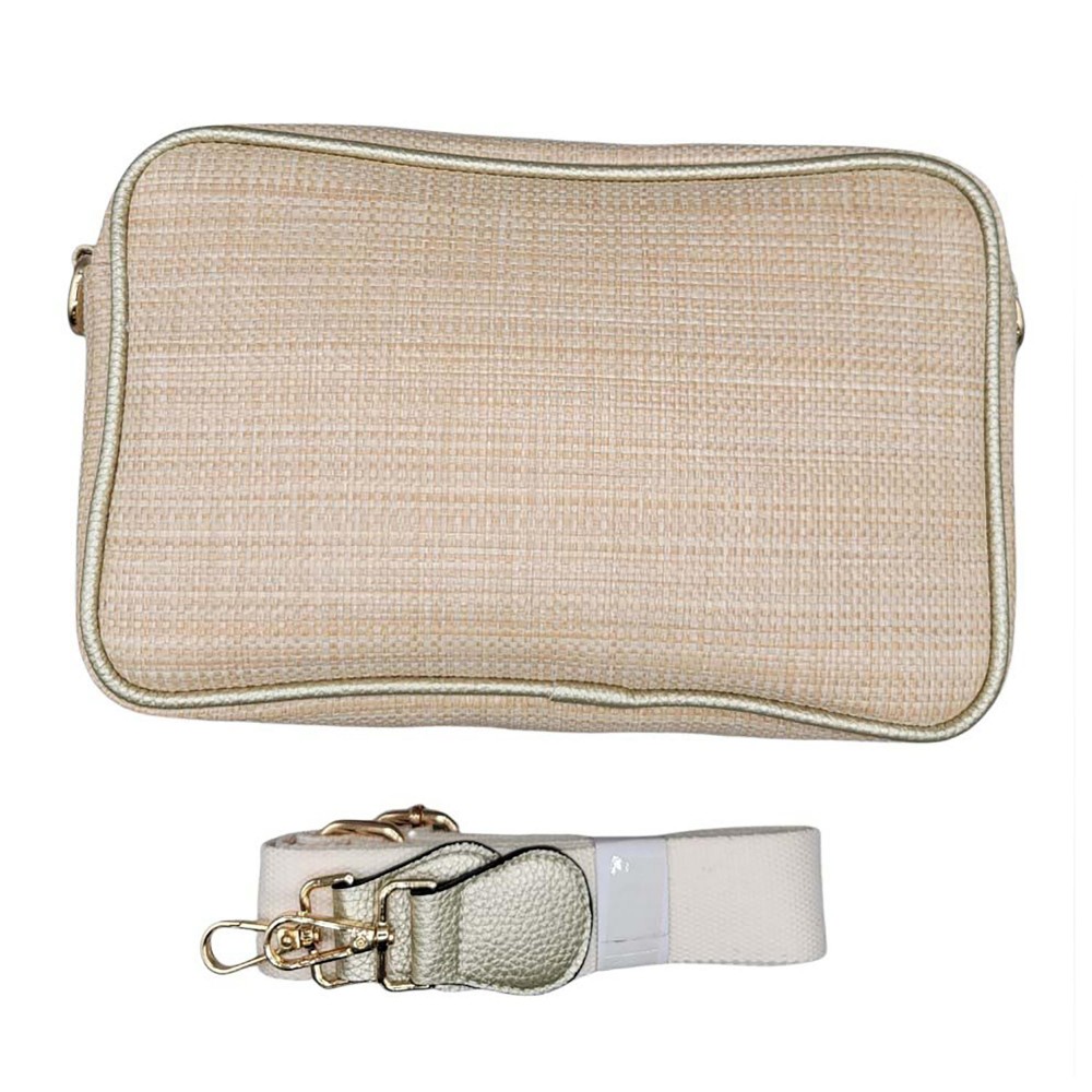 Woven Straw Handbag with Tassel Keychain and Removable Adjusting Canvas Strap. - One Front Pocket - Lined Inside - Two Inner Pockets: One Zipper Closure - Zip Closure - Approximately 10"L x 6" T x 3"W view 2