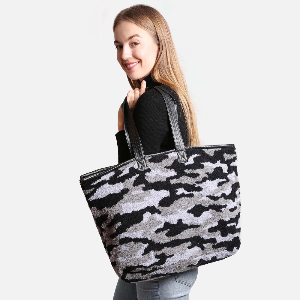 ComfyLuxe Camouflage Knit Tote Bag - Lined - Magnetic Closure - Two Internal Pockets - Approximately 20" H x 40" W - Handle Approximately 10" Drop - 100% Poly Microfiber view 2