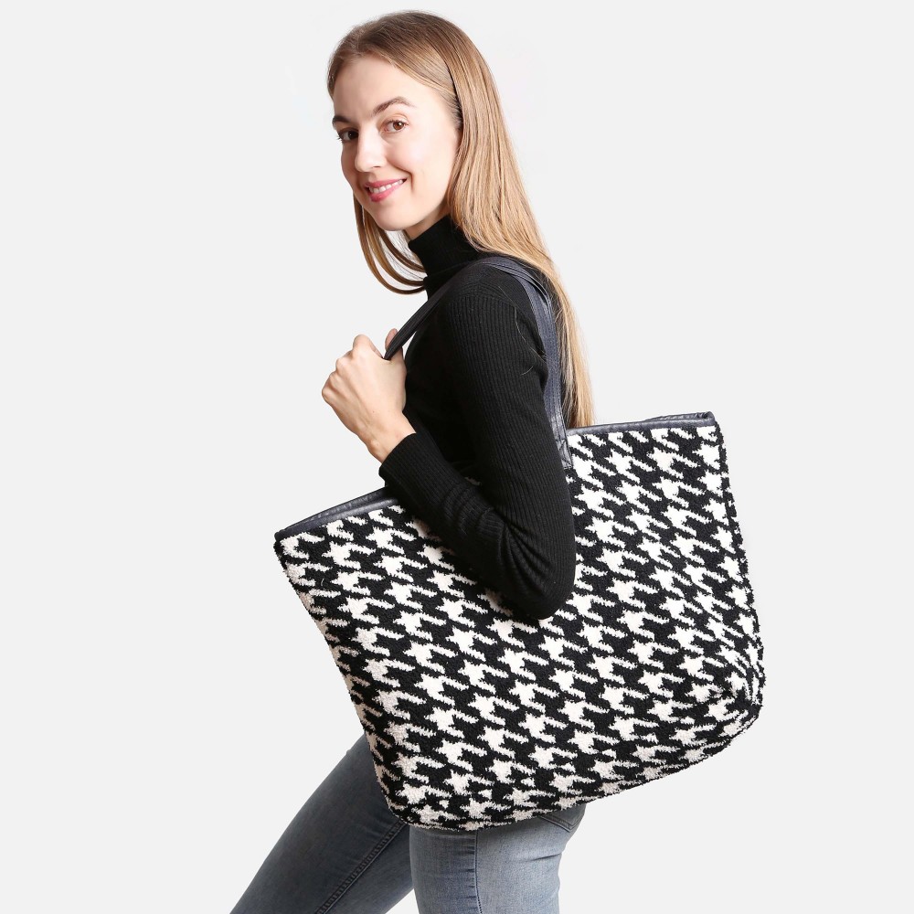 ComfyLuxe Houndstooth Knit Tote Bag - Lined - Magnetic Closure - Two Internal Pockets - Approximately 20" H x 40" W - Handle Approximately 10" Drop - 100% Poly Microfiber view 2