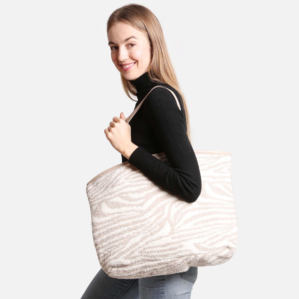 ComfyLuxe Zebra Print Knit Tote Bag - Lined - Magnetic Closure - Two Internal Pockets - Approximately 20" H x 40" W - Handle Approximately 10" Drop - 100% Poly Microfiber view 2
