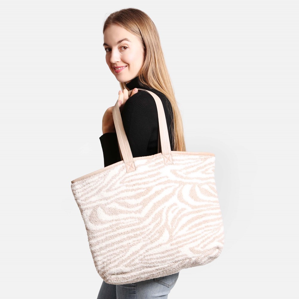 ComfyLuxe Zebra Print Knit Tote Bag - Lined - Magnetic Closure - Two Internal Pockets - Approximately 20" H x 40" W - Handle Approximately 10" Drop - 100% Poly Microfiber view 4