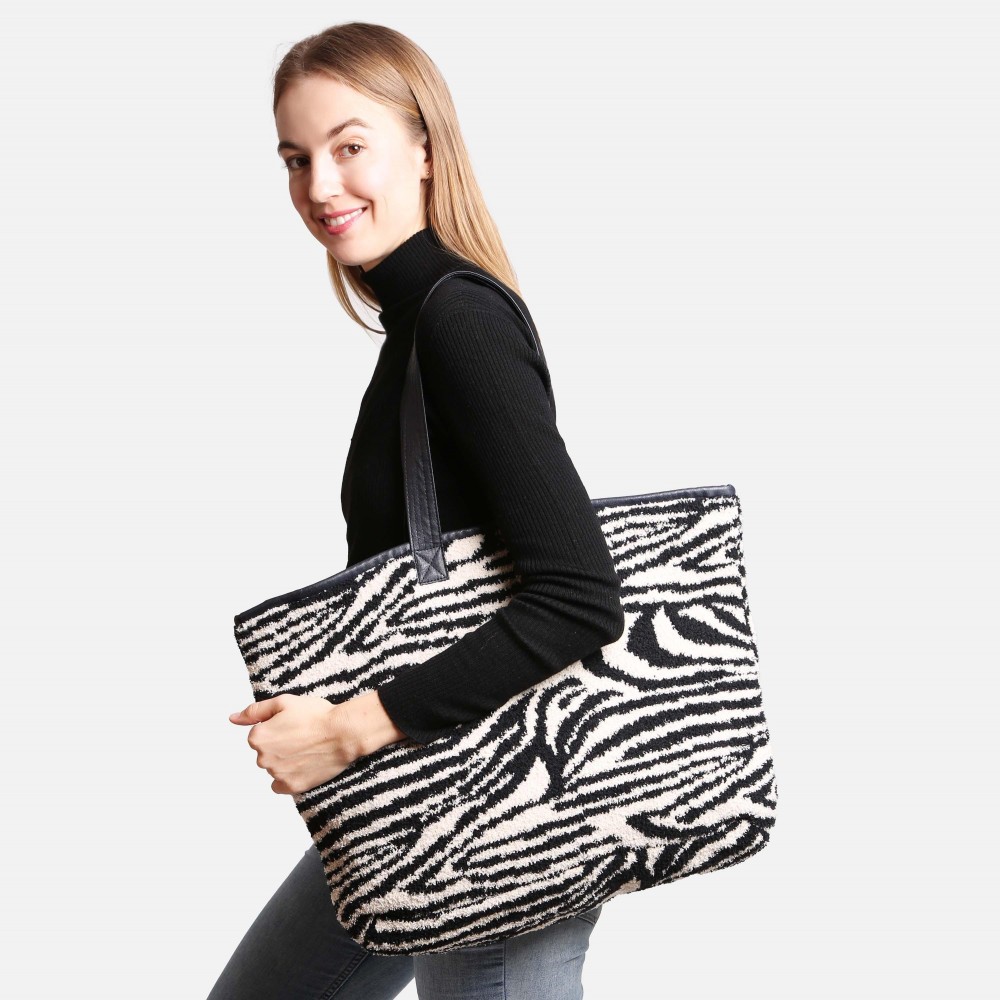 ComfyLuxe Zebra Print Knit Tote Bag - Lined - Magnetic Closure - Two Internal Pockets - Approximately 20" H x 40" W - Handle Approximately 10" Drop - 100% Poly Microfiber view 4