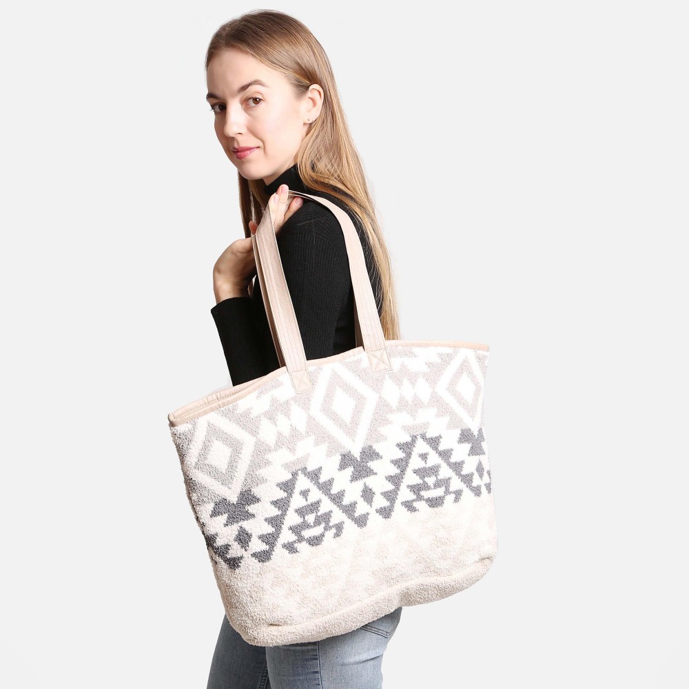 ComfyLuxe Boho Tribal Knit Tote Bag - Lined - Magnetic Closure - Two Internal Pockets - Approximately 20" H x 40" W - Handle Approximately 10" Drop - 100% Poly Microfiber view 2