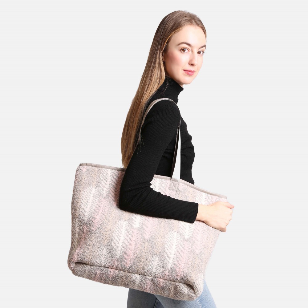ComfyLuxe Boho Feather Print Knit Tote Bag - Lined - Magnetic Closure - Two Internal Pockets - Approximately 20" H x 40" W - Handle Approximately 10" Drop - 100% Poly Microfiber view 4