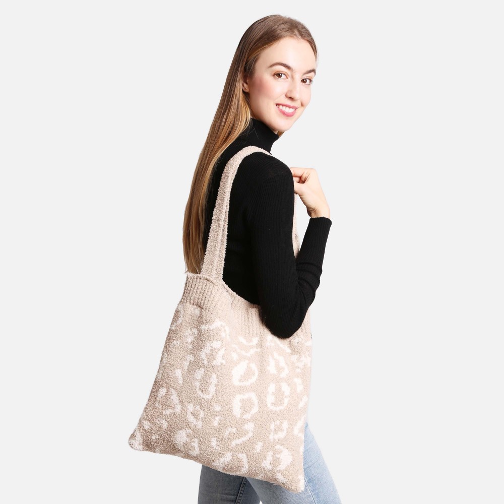 ComfyLuxe Animal Print Knit Tote Bag - Approximately 15" W x 12" H - 100% Poly Microfiber view 2