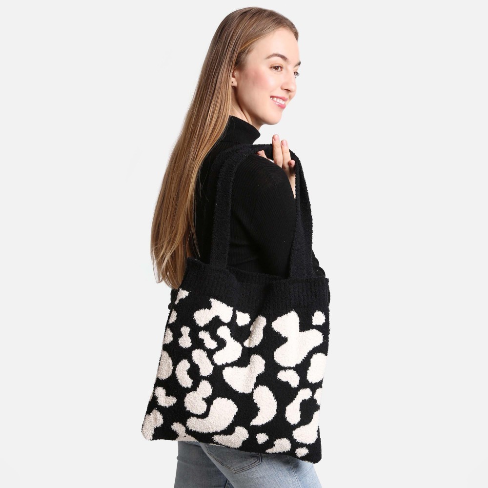 ComfyLuxe Cow Print Knit Tote Bag - Approximately 15" W x 12" H - 100% Poly Microfiber view 2
