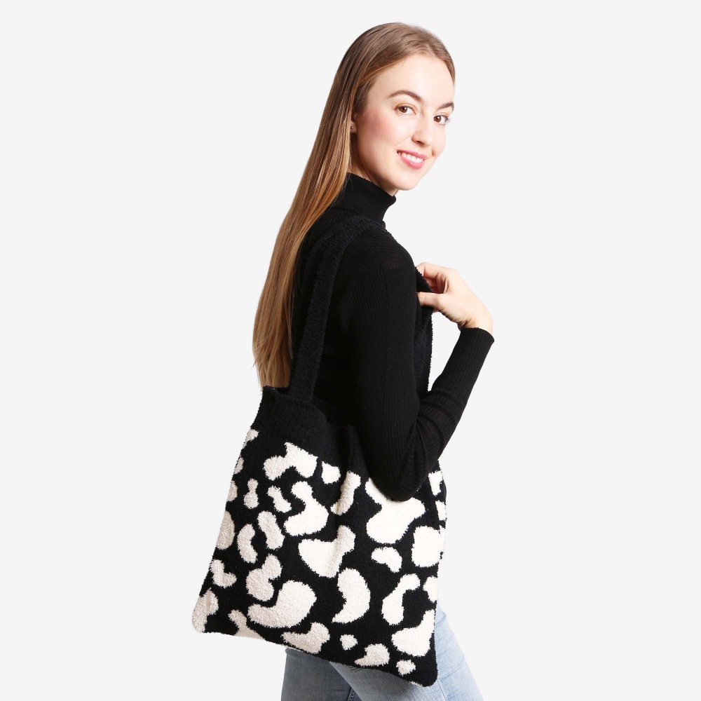 ComfyLuxe Cow Print Knit Tote Bag - Approximately 15" W x 12" H - 100% Poly Microfiber view 4