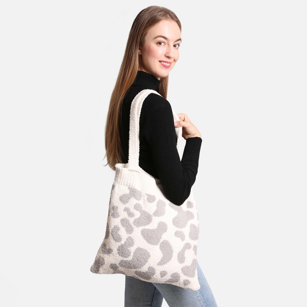 ComfyLuxe Cow Print Knit Tote Bag - Approximately 15" W x 12" H - 100% Poly Microfiber view 2