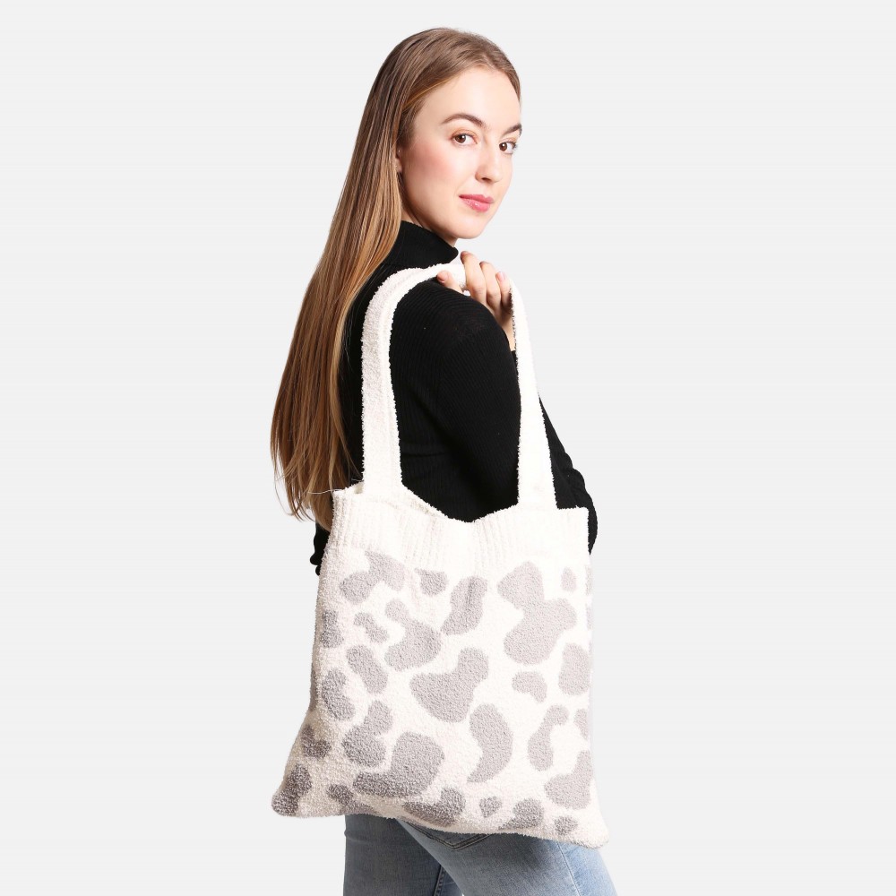 ComfyLuxe Cow Print Knit Tote Bag - Approximately 15" W x 12" H - 100% Poly Microfiber view 4