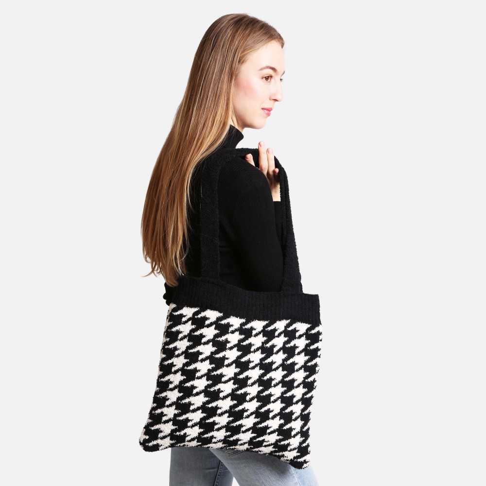 ComfyLuxe Houndstooth Knit Tote Bag - Approximately 15" W x 12" L - 100% Poly Microfiber view 2