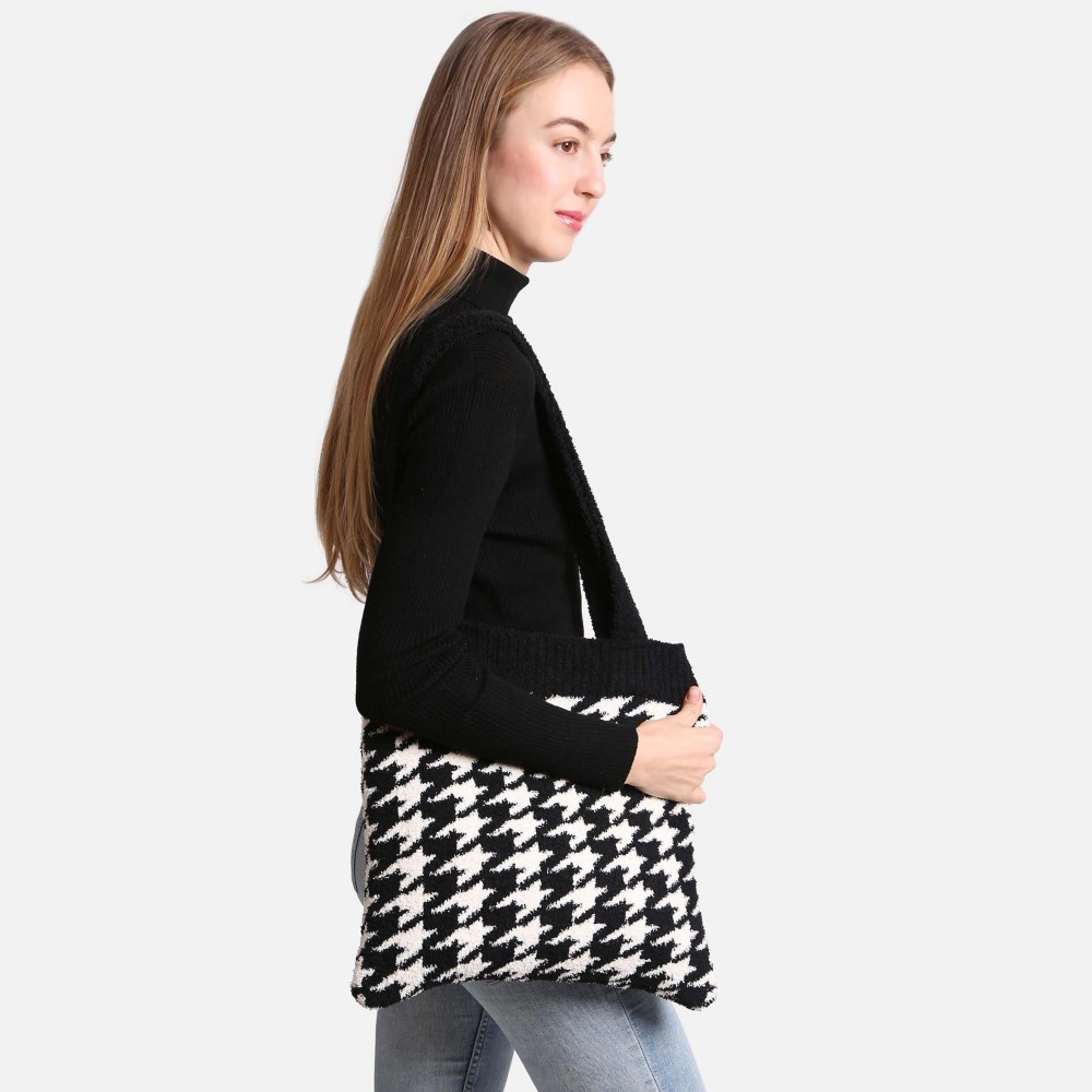 ComfyLuxe Houndstooth Knit Tote Bag - Approximately 15" W x 12" L - 100% Poly Microfiber view 4