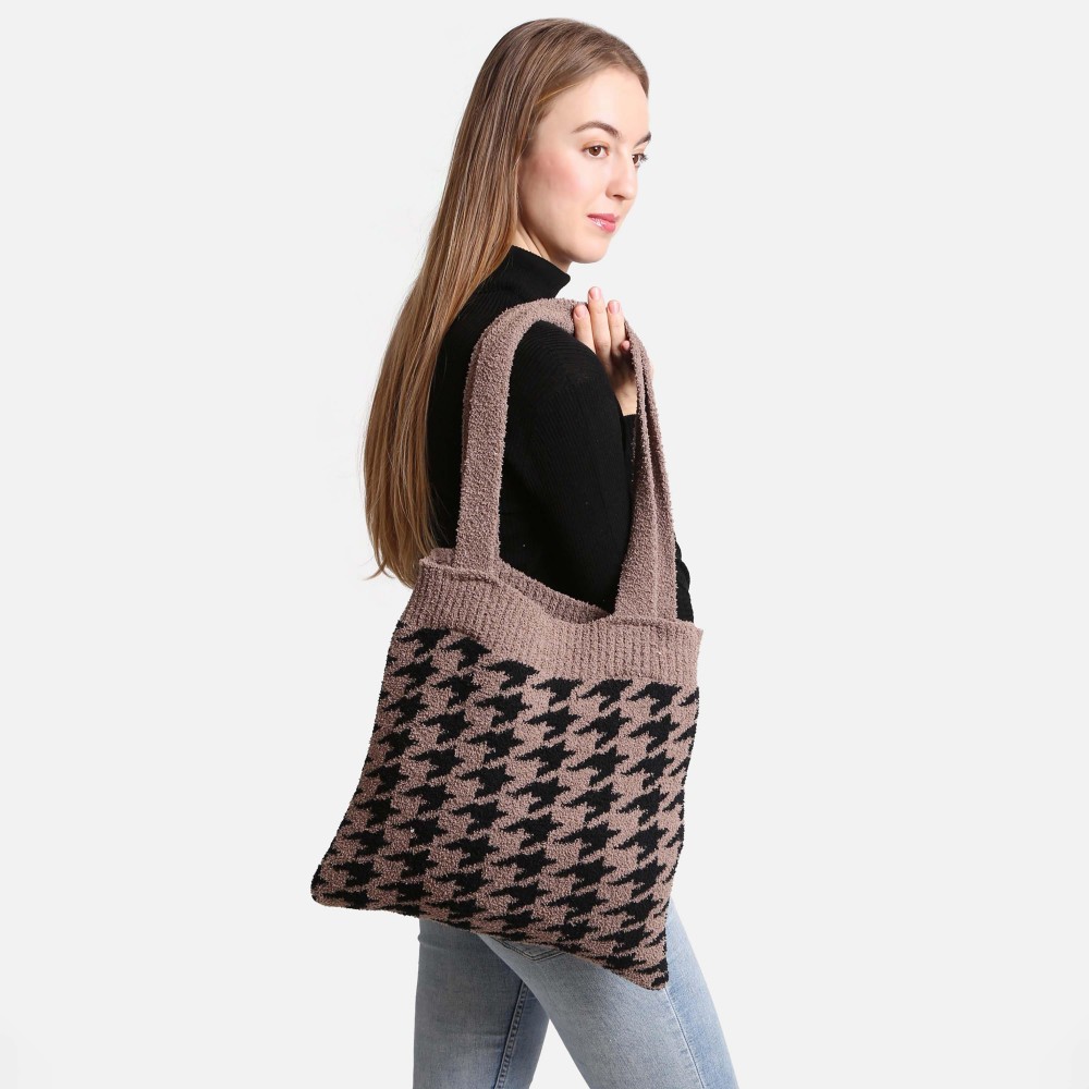 ComfyLuxe Houndstooth Knit Tote Bag - Approximately 15" W x 12" L - 100% Poly Microfiber view 2