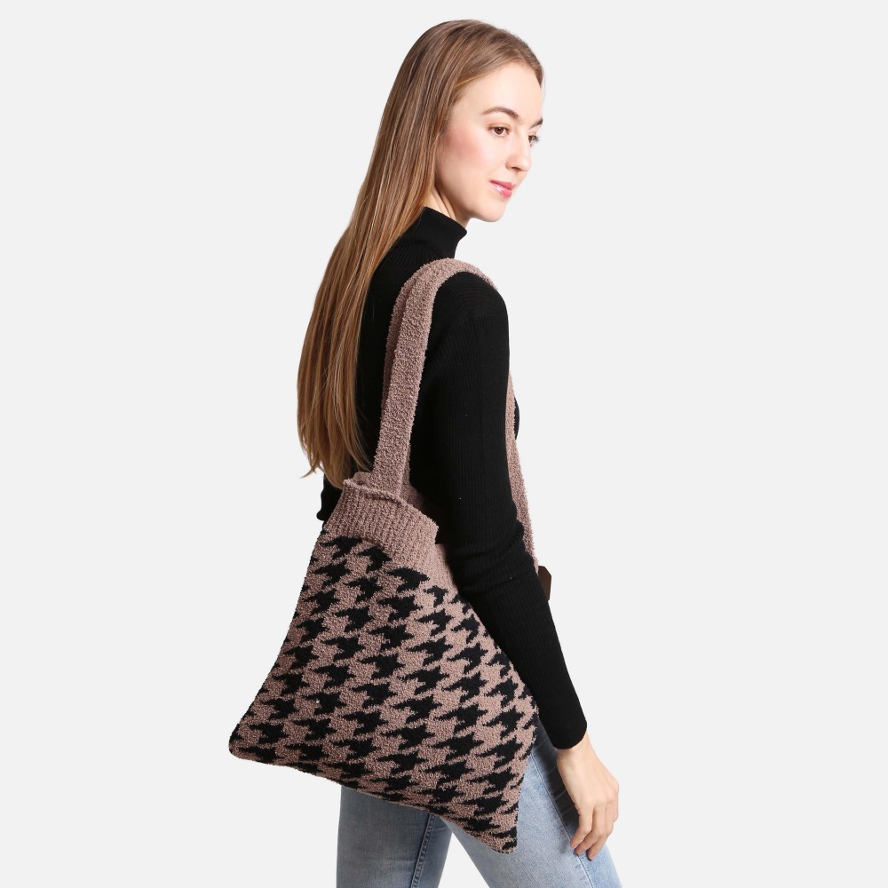 ComfyLuxe Houndstooth Knit Tote Bag - Approximately 15" W x 12" L - 100% Poly Microfiber view 4