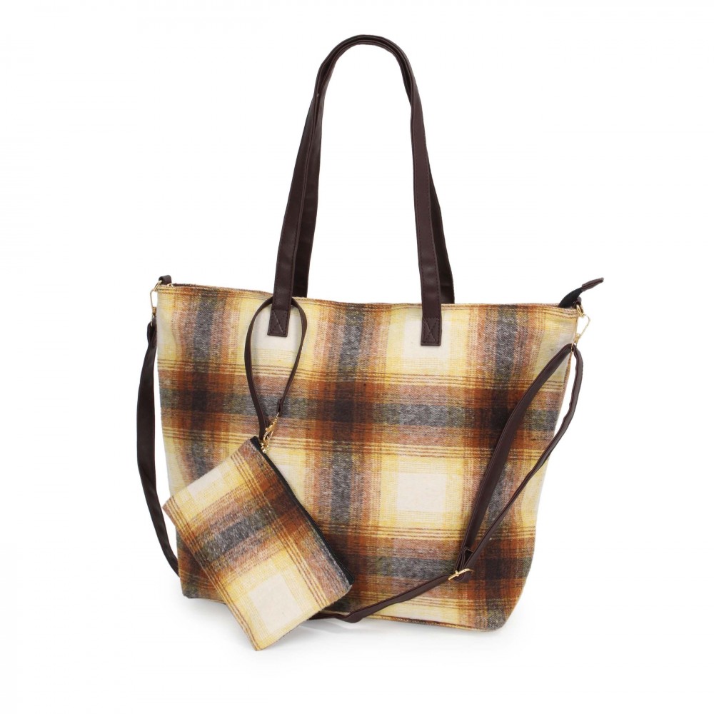 Plaid Flannel Tote Bag With Matching Wristlet Pouch - Zipper Closure - Detachable Cross Body Strap - Lined - One Internal Zip Pocket - 100% Polyester - Approximately 18.5" W x 13" H x 5" D - Wristlet Approximately 7" W x 5" H view 4