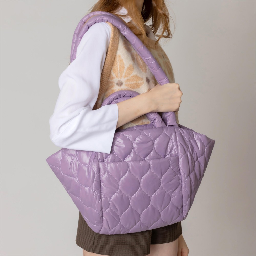 Puffy Quilt Tote Bag With Handles and Drop Straps. - Magnetic Closure - One Inner Pocket - One Outer Pocket With Magnetic Closure - Approximately 14" L x 11" T x 5" W - Strap Drop 13" L - 100% Polyester view 2