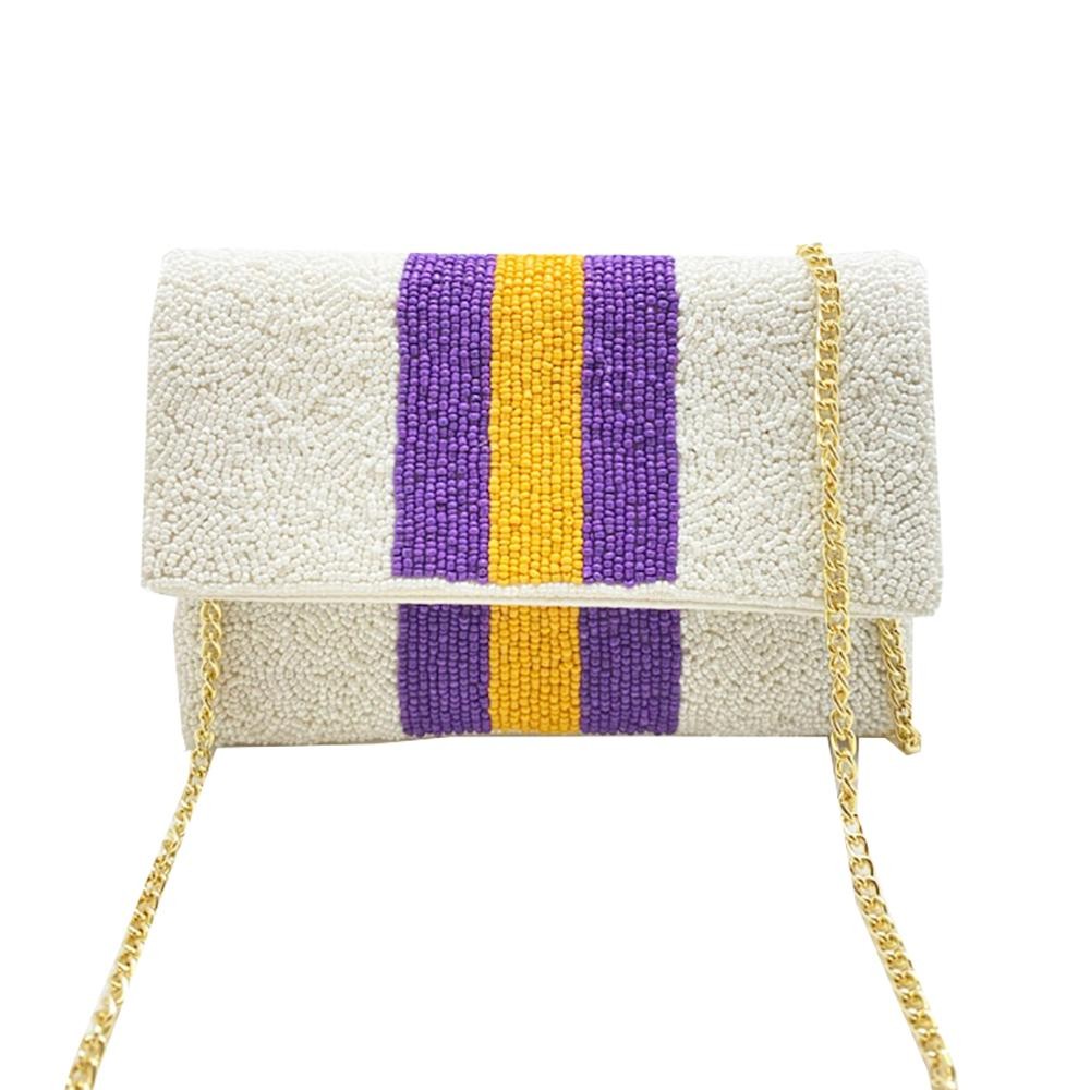 Beaded Purple And Yellow Stripe Handbag - Magnetic Closure - Approximately 7.5" L X 5" W - Open Inside Pocket Approximately 3" L/W - Gold Cross Body Removable Chain Approximately 22" L - Spot Clean Only -100% Cotton Canvas Bag view 2