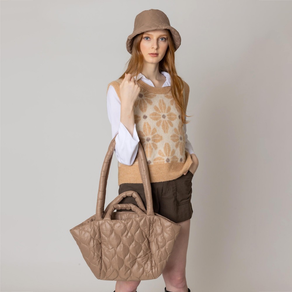 Puffy Quilt Tote Bag With Handles and Drop Straps. - Magnetic Closure - One Inner Pocket - One Outer Pocket With Magnetic Closure - Approximately 14" L x 11" T x 5" W - Strap Drop 13" L - 100% Polyester view 2