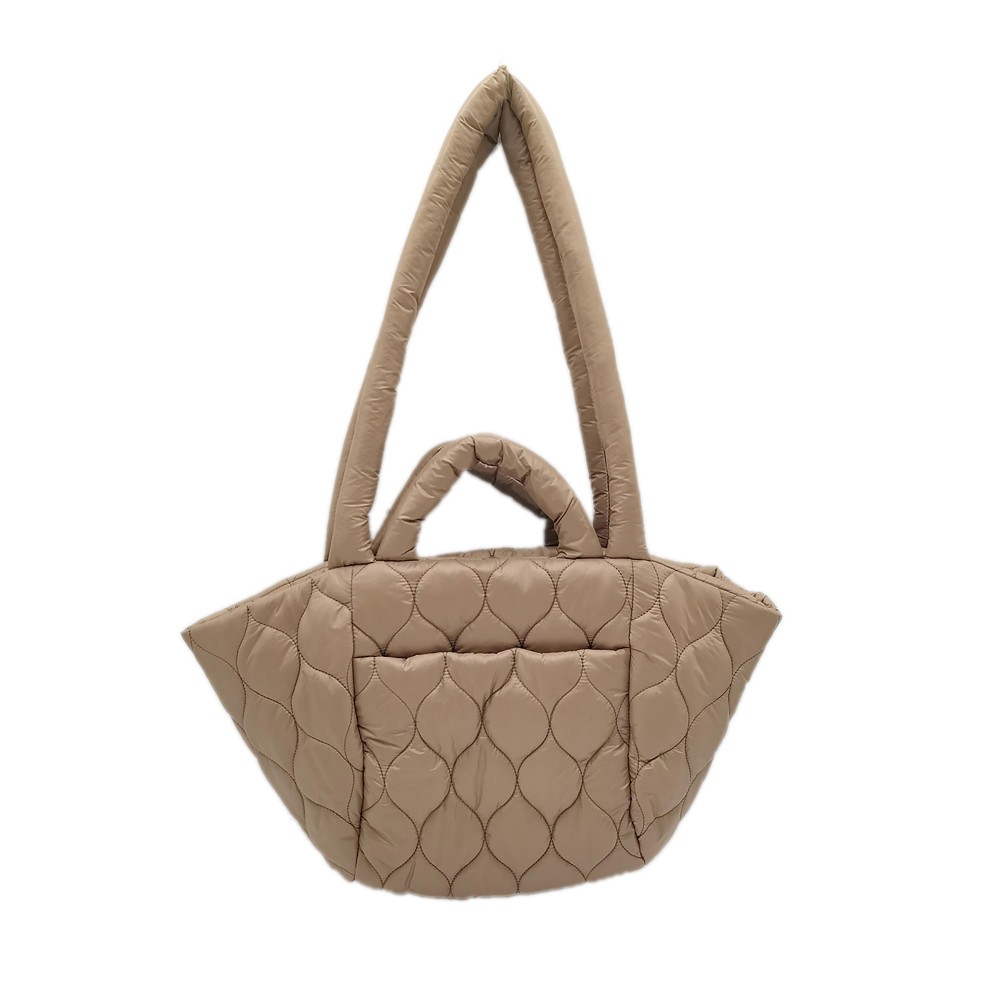 Puffy Quilt Tote Bag With Handles and Drop Straps. - Magnetic Closure - One Inner Pocket - One Outer Pocket With Magnetic Closure - Approximately 14" L x 11" T x 5" W - Strap Drop 13" L - 100% Polyester view 6