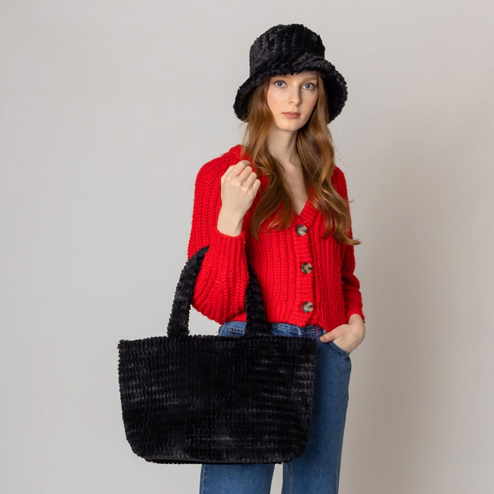 Do Everything In Love Textured Chevron Faux Fur Tote Bag - Magnetic Button Closure - One Lined Body With 2 Internal Side Pockets - Approximately 12.75" WX 11" HX 6.5" D - 100% Polyester view 2