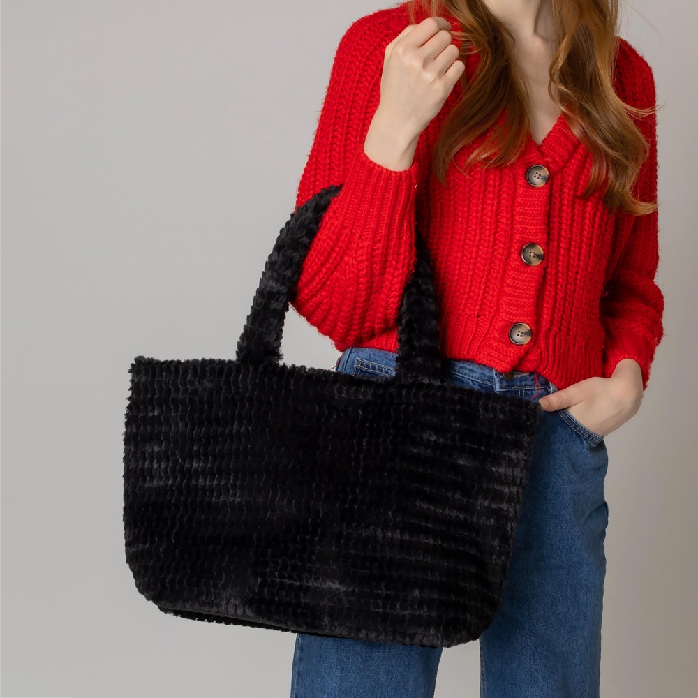 Do Everything In Love Textured Chevron Faux Fur Tote Bag - Magnetic Button Closure - One Lined Body With 2 Internal Side Pockets - Approximately 12.75" WX 11" HX 6.5" D - 100% Polyester view 4