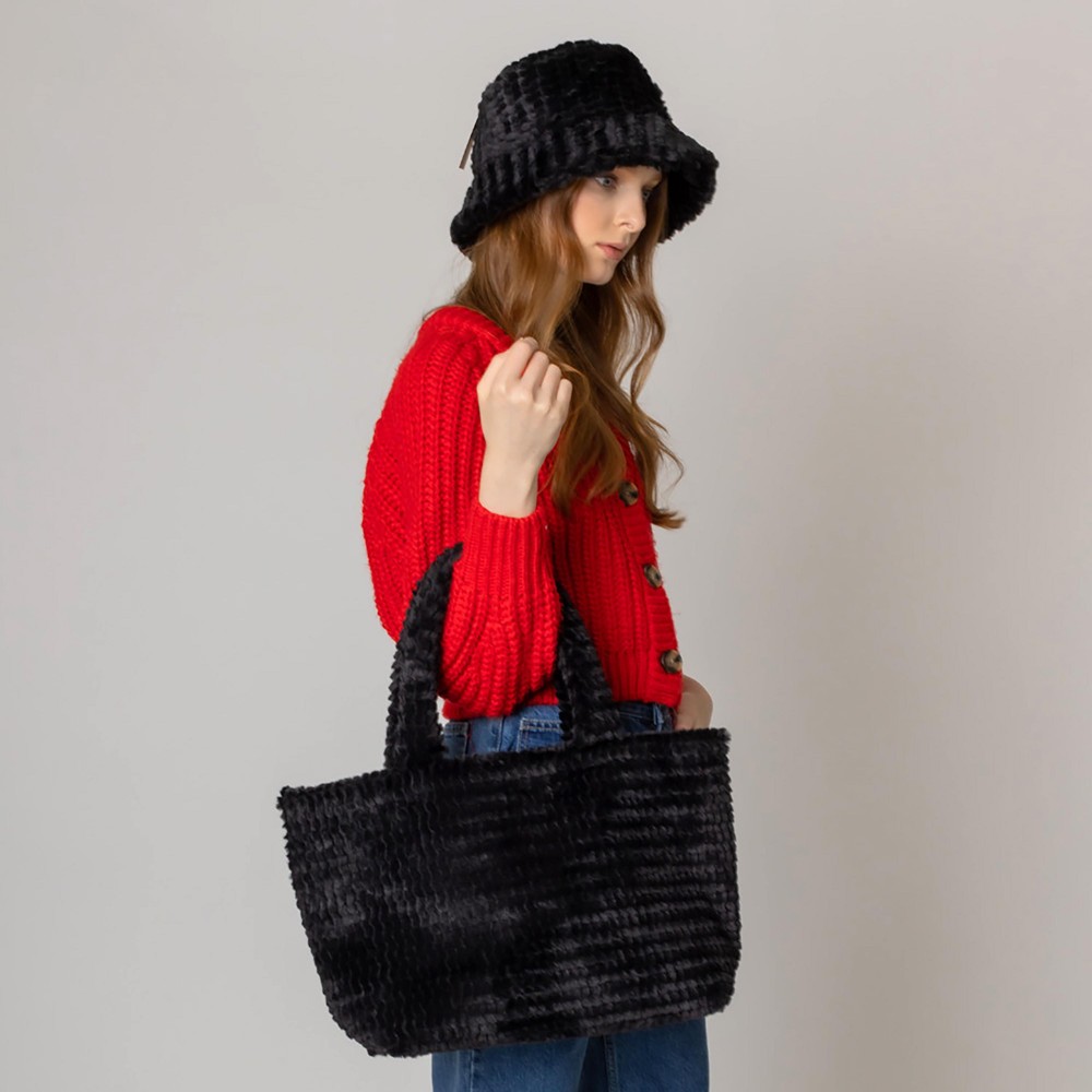 Do Everything In Love Textured Chevron Faux Fur Tote Bag - Magnetic Button Closure - One Lined Body With 2 Internal Side Pockets - Approximately 12.75" WX 11" HX 6.5" D - 100% Polyester view 6