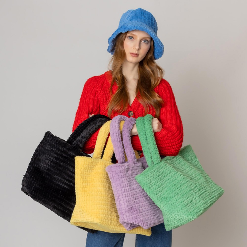 Do Everything In Love Textured Chevron Faux Fur Tote Bag - Magnetic Button Closure - One Lined Body With 2 Internal Side Pockets - Approximately 12.75" WX 11" HX 6.5" D - 100% Polyester view 4