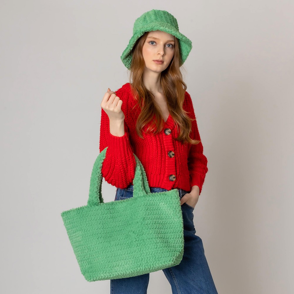 Do Everything In Love Textured Chevron Faux Fur Tote Bag - Magnetic Button Closure - One Lined Body With 2 Internal Side Pockets - Approximately 12.75" WX 11" HX 6.5" D - 100% Polyester view 2