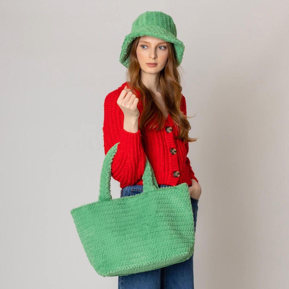 Do Everything In Love Textured Chevron Faux Fur Tote Bag - Magnetic Button Closure - One Lined Body With 2 Internal Side Pockets - Approximately 12.75" WX 11" HX 6.5" D - 100% Polyester view 6