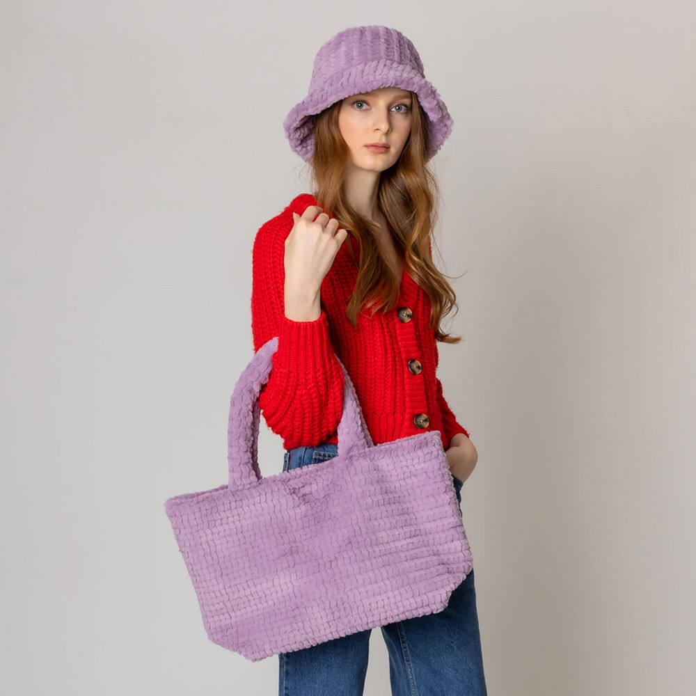 Do Everything In Love Textured Chevron Faux Fur Tote Bag - Magnetic Button Closure - One Lined Body With 2 Internal Side Pockets - Approximately 12.75" WX 11" HX 6.5" D - 100% Polyester view 6