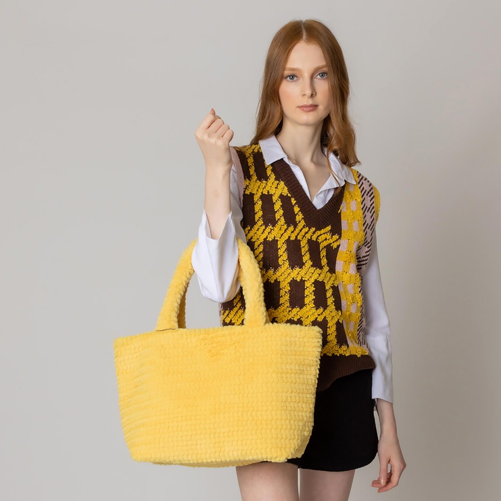 Do Everything In Love Textured Chevron Faux Fur Tote Bag - Magnetic Button Closure - One Lined Body With 2 Internal Side Pockets - Approximately 12.75" WX 11" HX 6.5" D - 100% Polyester view 2
