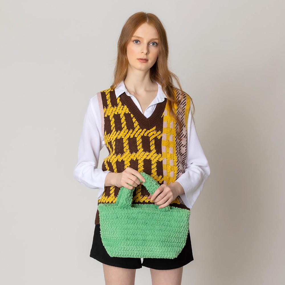 Do Everything In Love Textured Square Cut Faux Fur Mini Tote Bag - Button Closure - Lined Single Main Pocket - Approximately 9.8" WX 7.5" HX 4.5" D view 2