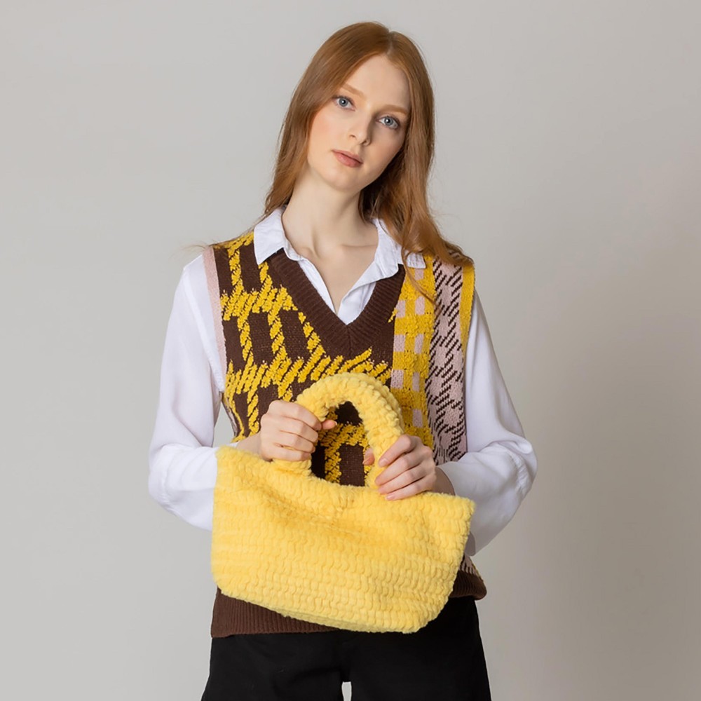 Do Everything In Love Textured Square Cut Faux Fur Mini Tote Bag - Button Closure - Lined Single Main Pocket - Approximately 9.8" WX 7.5" HX 4.5" D view 2