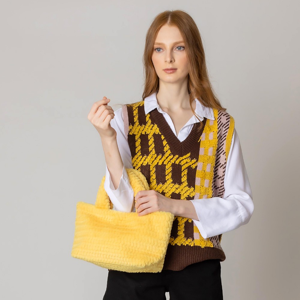 Do Everything In Love Textured Square Cut Faux Fur Mini Tote Bag - Button Closure - Lined Single Main Pocket - Approximately 9.8" WX 7.5" HX 4.5" D view 6