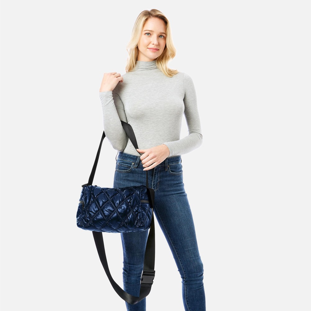 Puffy Diamond Stitch Crossbody Bag With Adjustable Clip Buckle Strap - Zipper Closure - Two Outer Side Pockets With Zipper Closures - Three Inner Pockets: One Zipper Closure / Two Open Inner Pockets - Approximately 10" L x 10" T x 6" D - Strap Drop Adjustable - 100% Polyester view 2