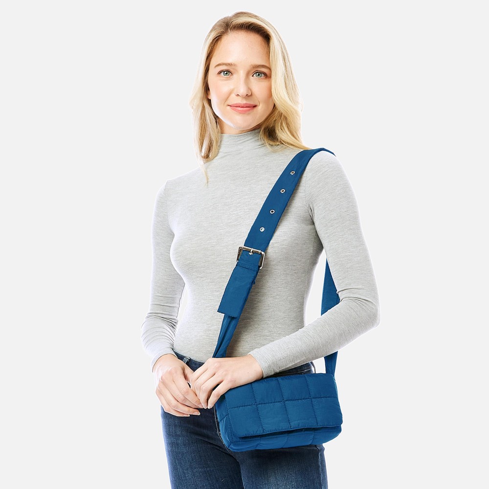 Puffy Quilt Stitch Cross Body Handbag With Adjustable Buckle Strap - Magnetic Flap Closure - Two Inner Pockets: One Zipper Closure / One Open - Approximately 9" L x 4.5" T x 2.5" D - Strap Drop Adjustable 14" - 22" L view 2