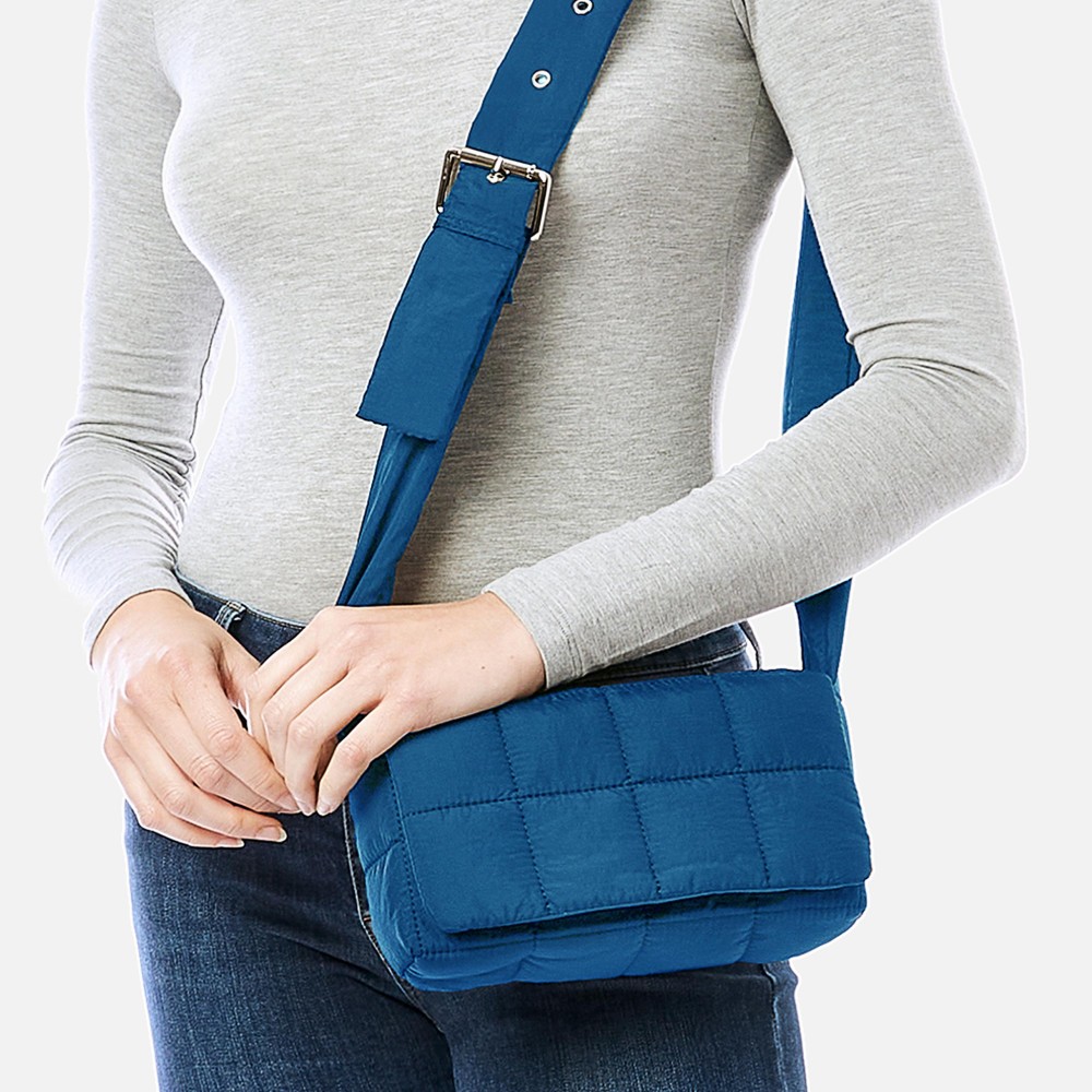 Puffy Quilt Stitch Cross Body Handbag With Adjustable Buckle Strap - Magnetic Flap Closure - Two Inner Pockets: One Zipper Closure / One Open - Approximately 9" L x 4.5" T x 2.5" D - Strap Drop Adjustable 14" - 22" L view 4