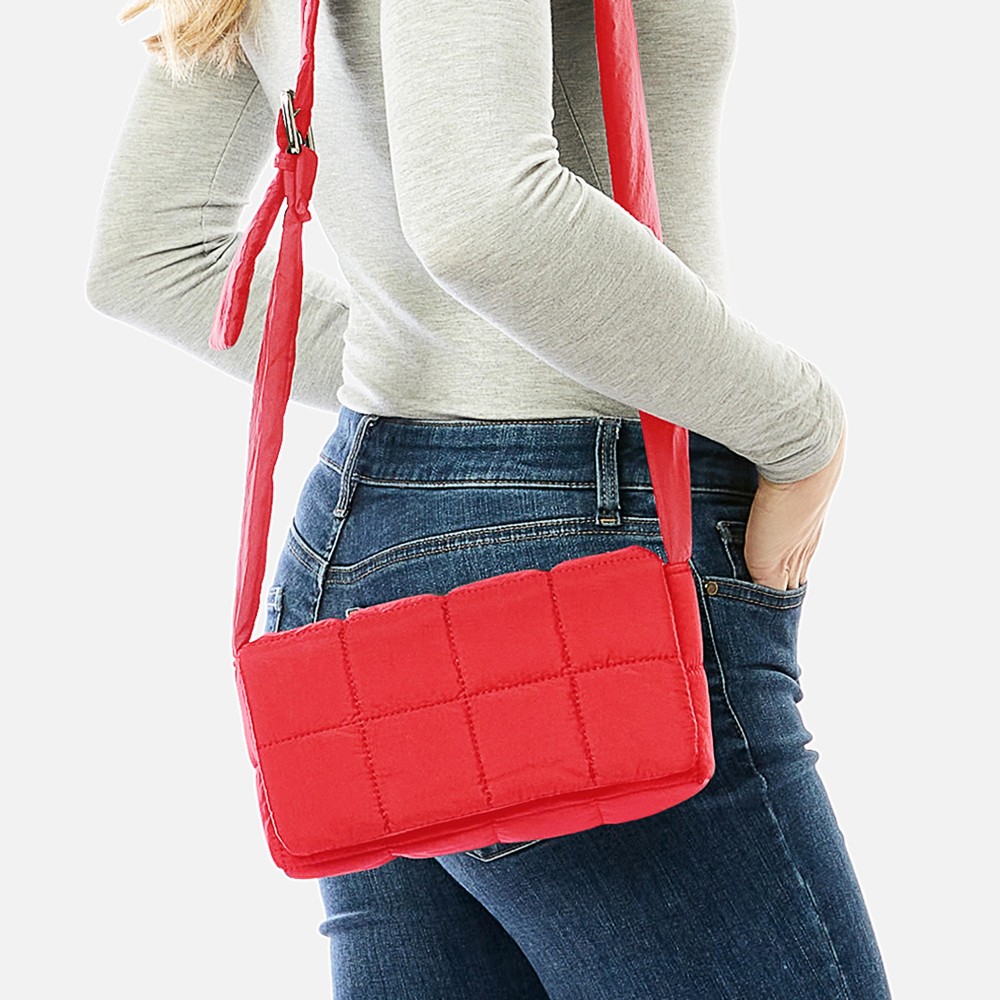 Puffy Quilt Stitch Cross Body Handbag With Adjustable Buckle Strap - Magnetic Flap Closure - Two Inner Pockets: One Zipper Closure / One Open - Approximately 9" L x 4.5" T x 2.5" D - Strap Drop Adjustable 14" - 22" L view 4