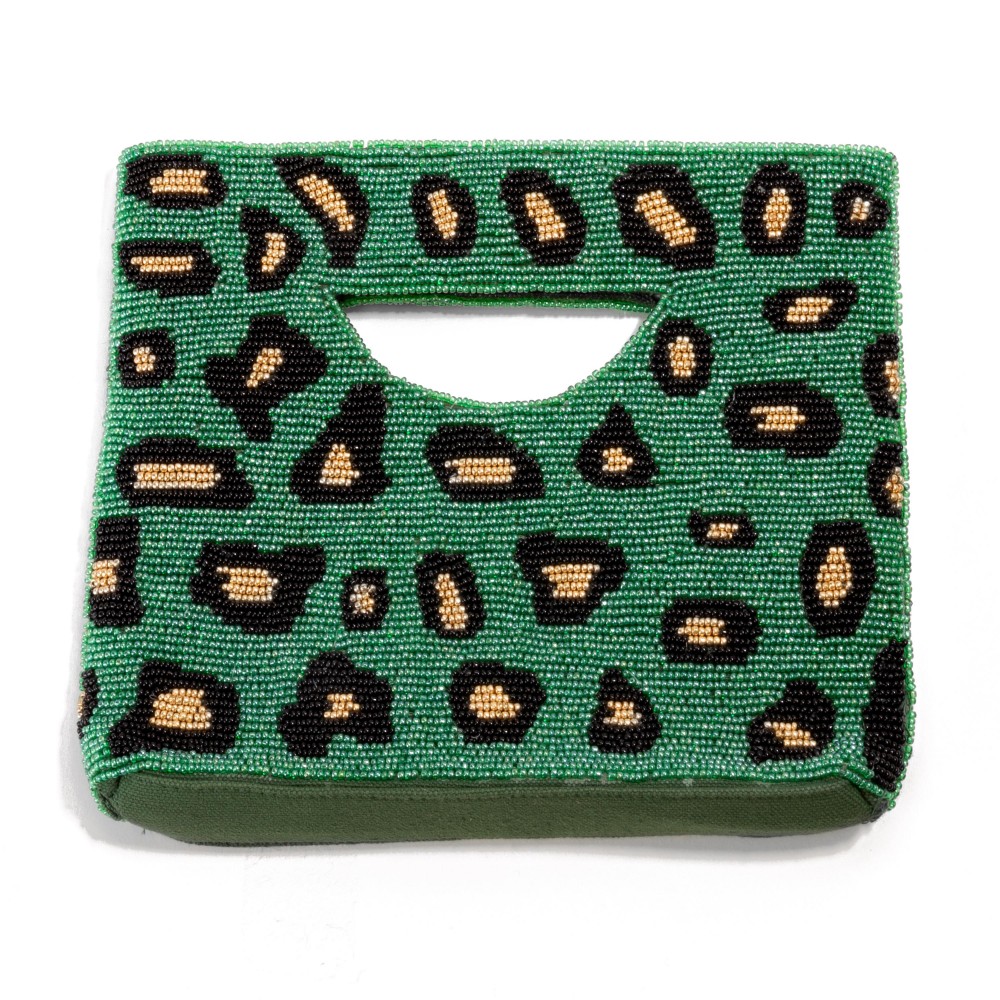 Leopard Print Beaded Handbag - Open Inside - Magnetic Closure - Approximately 8.5" W x 7" T x 1"D view 2