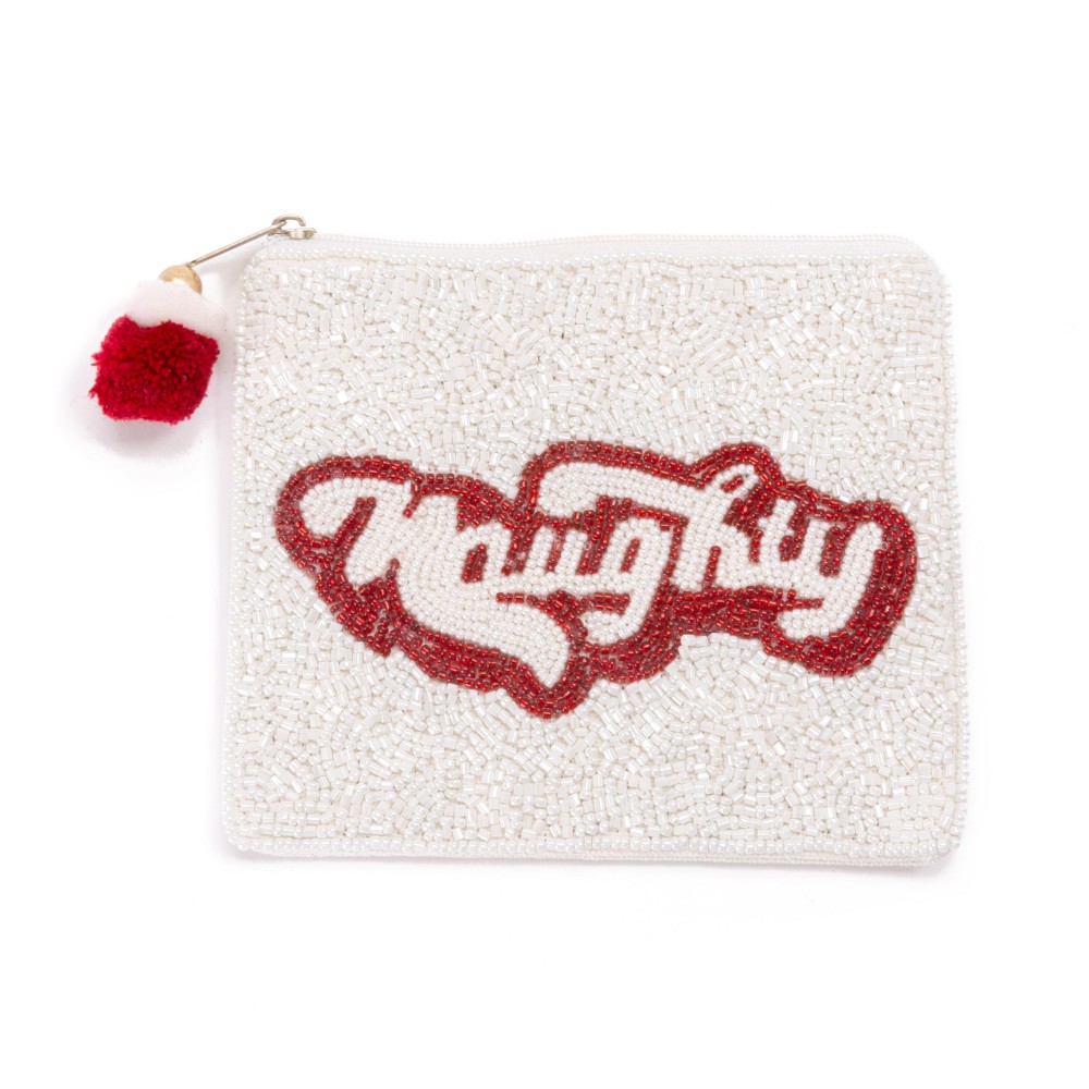 "Naughty" Beaded Canvas Bag With Pom Pom Zipper - Fully Lined Inside - 100% Cotton Bag - Approximately 5.5"W X 4.5"L view 2