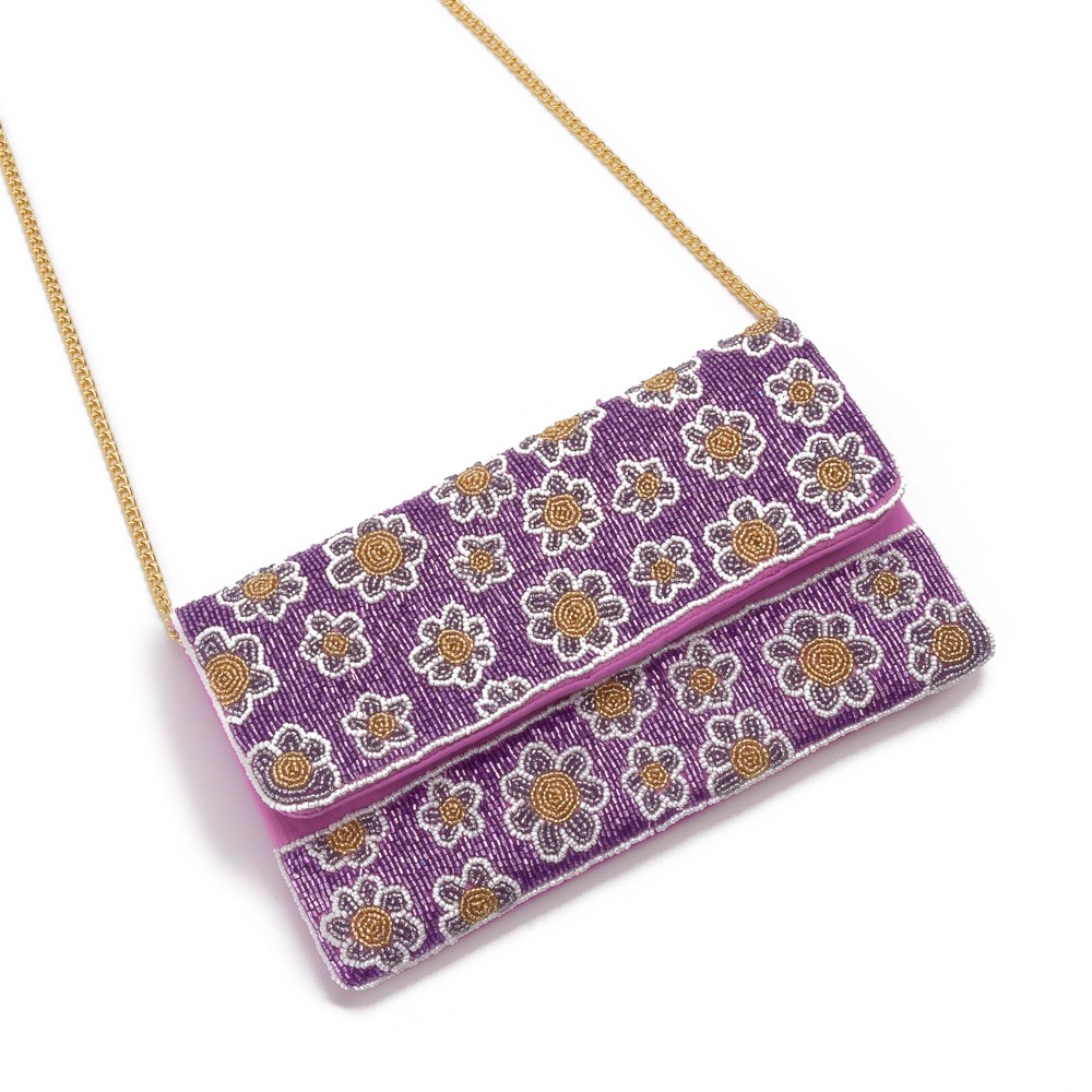 Purple&Gold Flower Beaded Handbag With Detachable Chain Strap - One Inner Pocket - Magnetic Closure - Approximately 9.5"W X 5.5"T - Approximately 21" Drop view 2