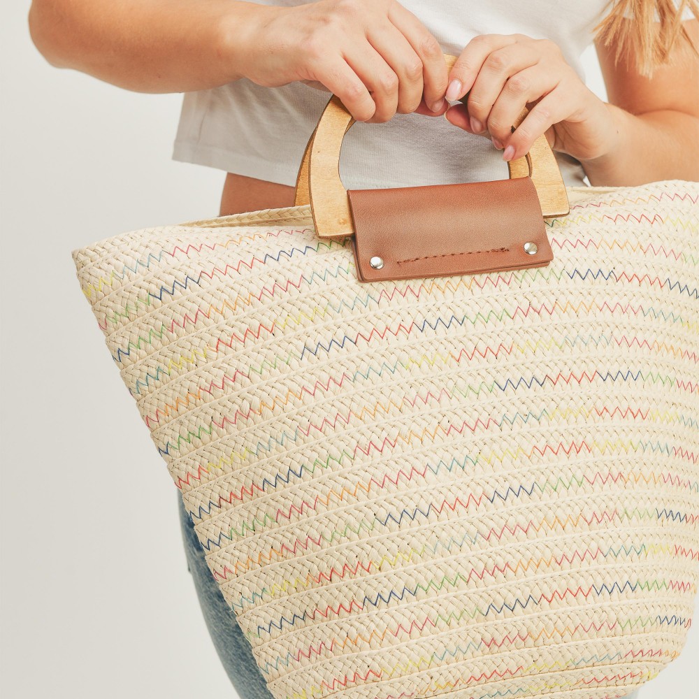 Woven Straw Bag With Wooden And Leather Handles - Full Zipper Closure - Lined Body - One Internal Pocket - Material : 100% Paper - Approximately 14" W X 14" T view 4