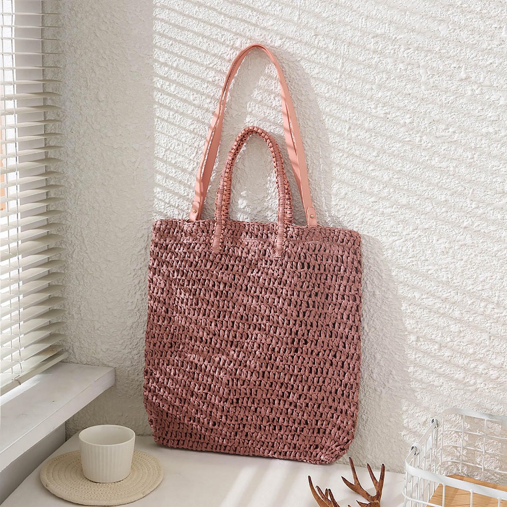 Woven Square Straw Tote Bag With Two Straps - Magnetic Button Closure - Lined Body With One Internal Pocket - Straw Straps: Drop 6" - Leather Straps: Drop 12" L view 2