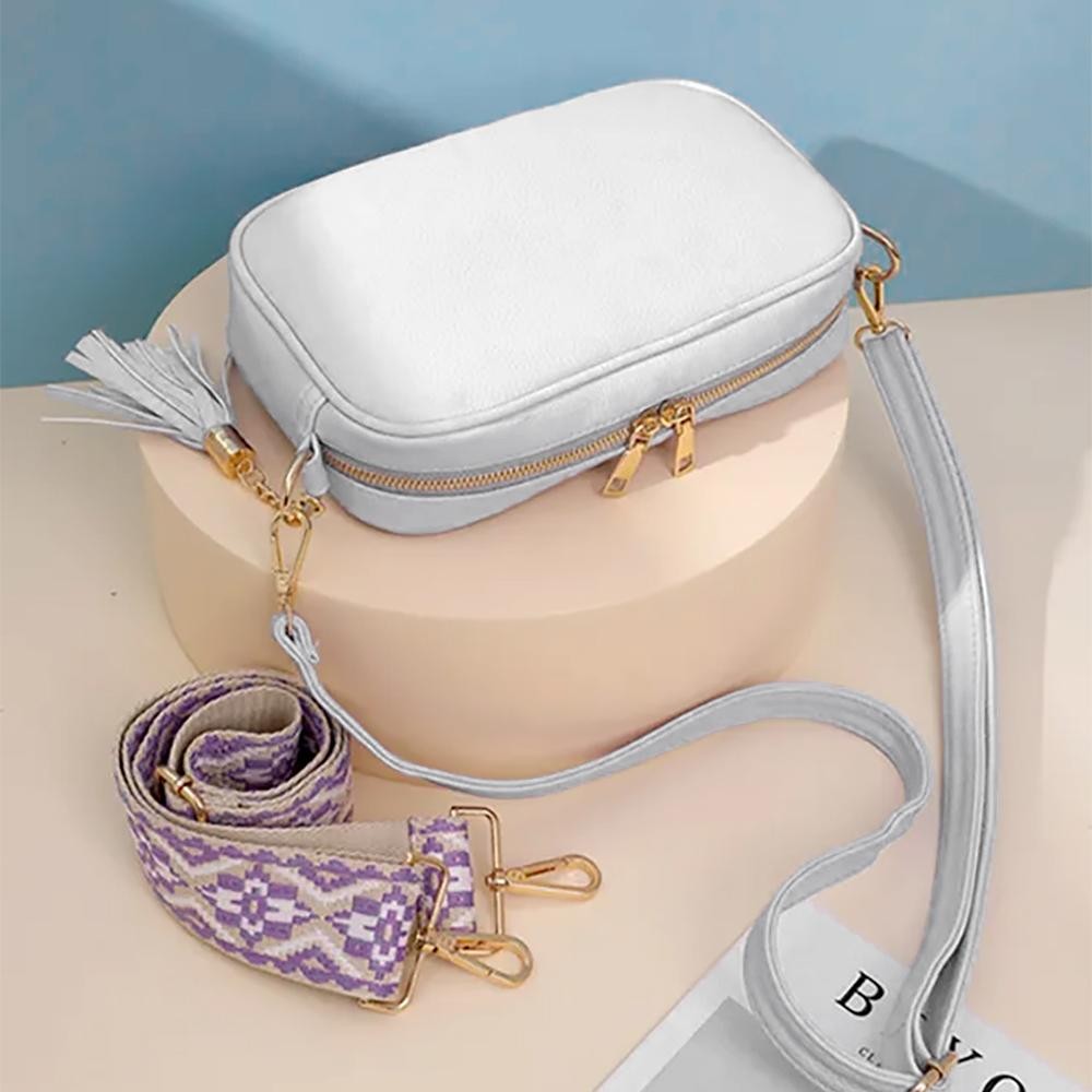 Vegan Leather Crossbody Purse With Interchangeable Bag Strap and Tassel Details - Full Zipper Closure - Main Body With One Zipper Pocket, & Two Open Pockets - Interchangeable Lobster Claw Straps - Leather Strap Drop 15-27" - Guitar Strap Drop 13-24" L X 2" W view 2
