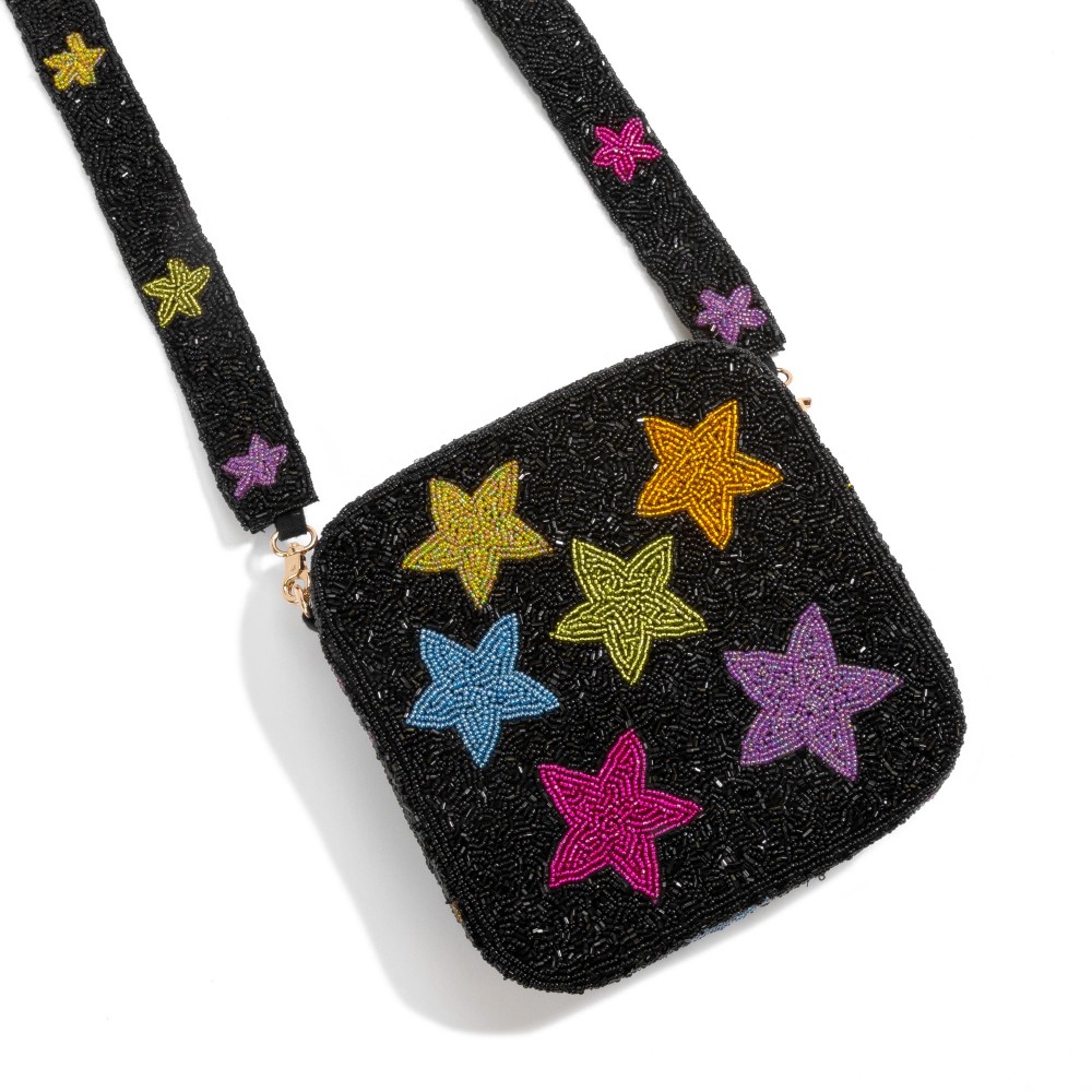 Star Cluster Seed Beaded Bag With Matching Detachable Star Seed Bead Strap - Zipper Closure - Approximately 7.5" W x 7" T x 2" D - Approximately 22" Drop view 2