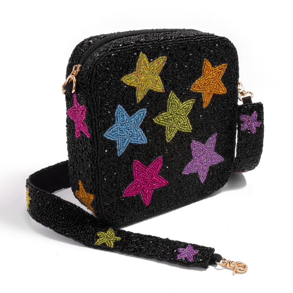 Star Cluster Seed Beaded Bag With Matching Detachable Star Seed Bead Strap - Zipper Closure - Approximately 7.5" W x 7" T x 2" D - Approximately 22" Drop view 4