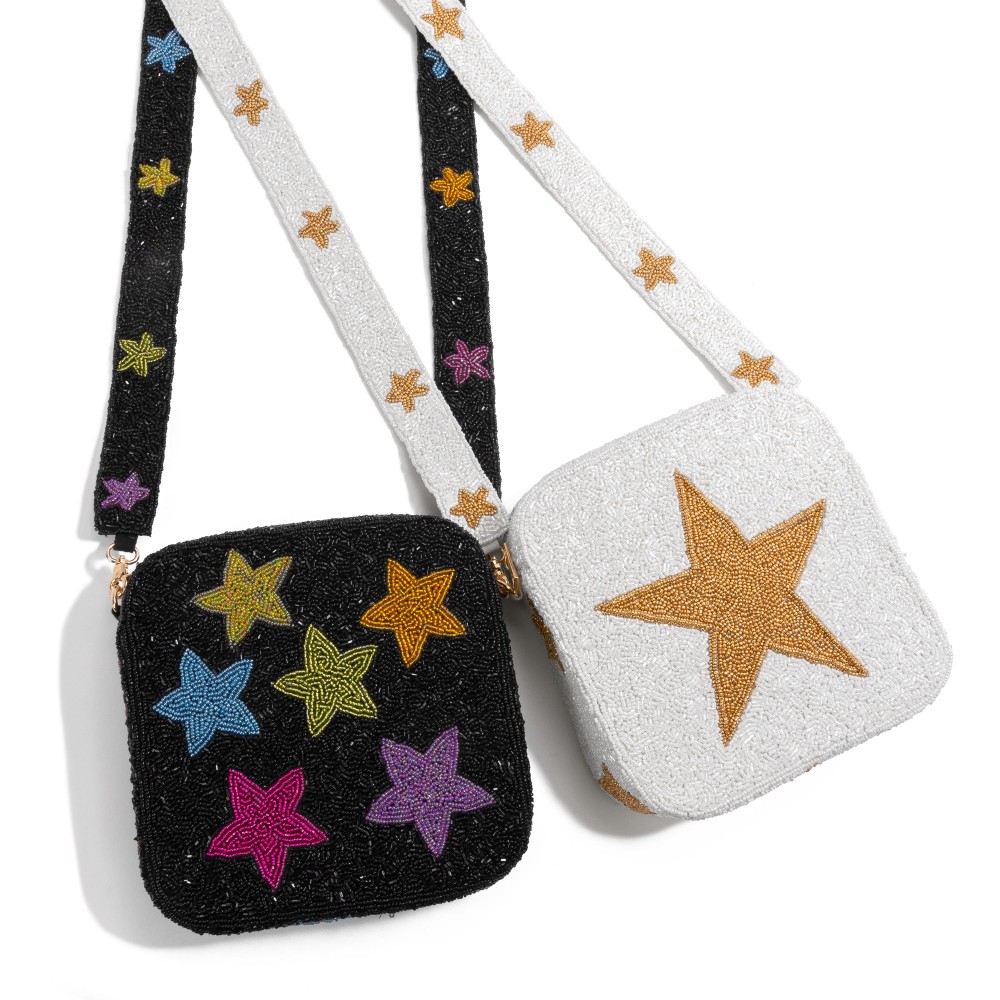 Star Cluster Seed Beaded Bag With Matching Detachable Star Seed Bead Strap - Zipper Closure - Approximately 7.5" W x 7" T x 2" D - Approximately 22" Drop view 6